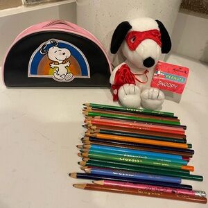 Vintage Peanuts Snoopy Plush with Red Mask and Colorful Pencil Set with pouch.